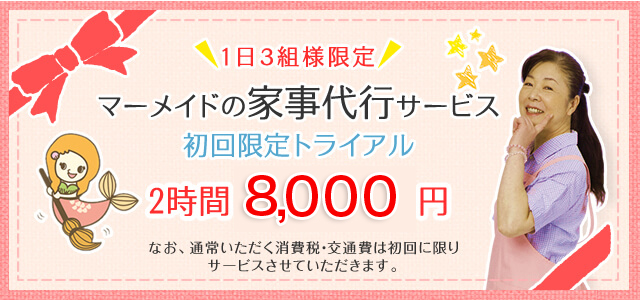 1日3組様限定！マーメイドの家事代行サービス【初回限定トライアル】2時間7,000円!!